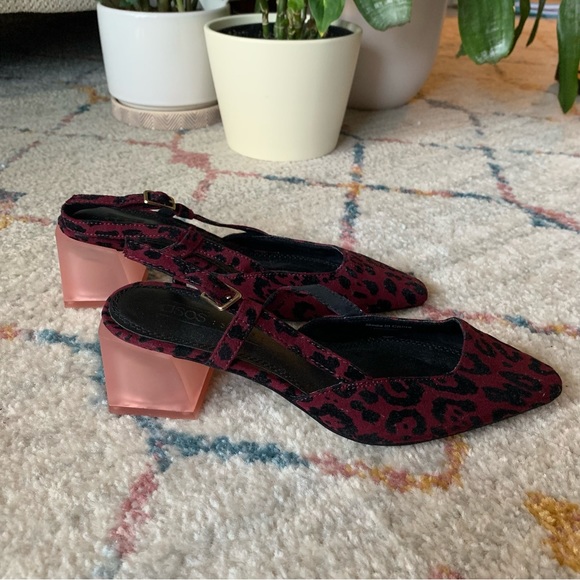 ASOS DESIGN Sleek Square Toe Slingback Mid-Heels in Burgundy Leopard - Picture 2 of 9